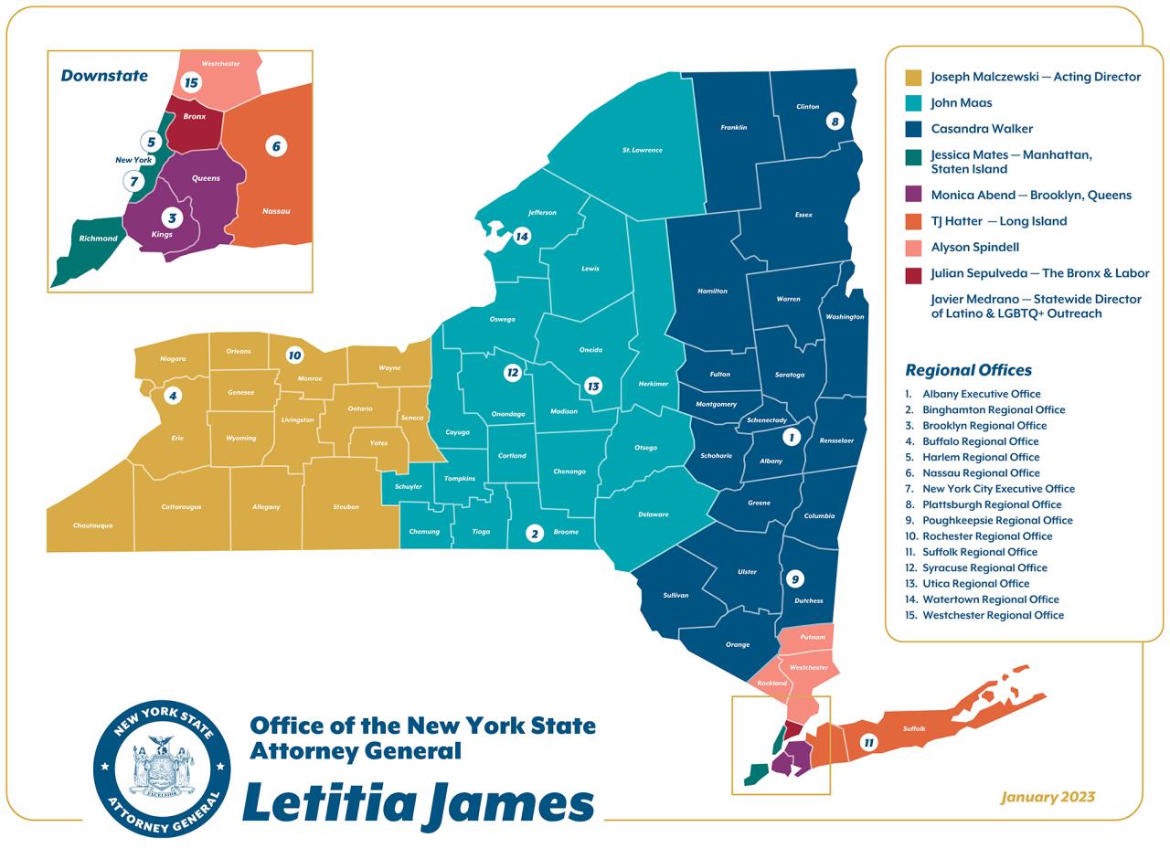 Map of New York OAG regional offices and intergov staff coverage area