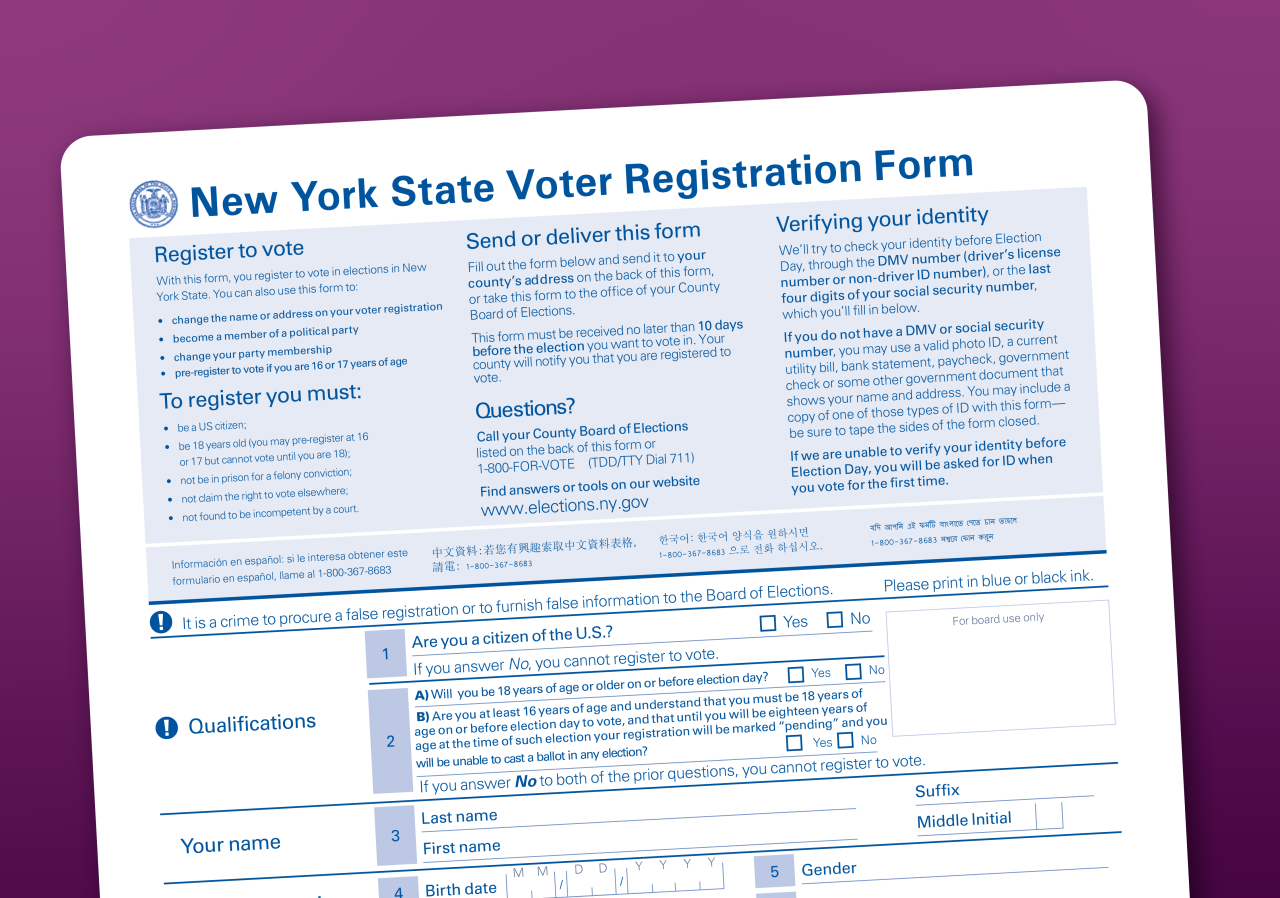 purple background with a photo of the NY voter registration form