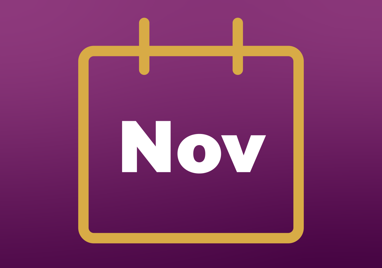 purple background with gold calendar icon and the word Nov